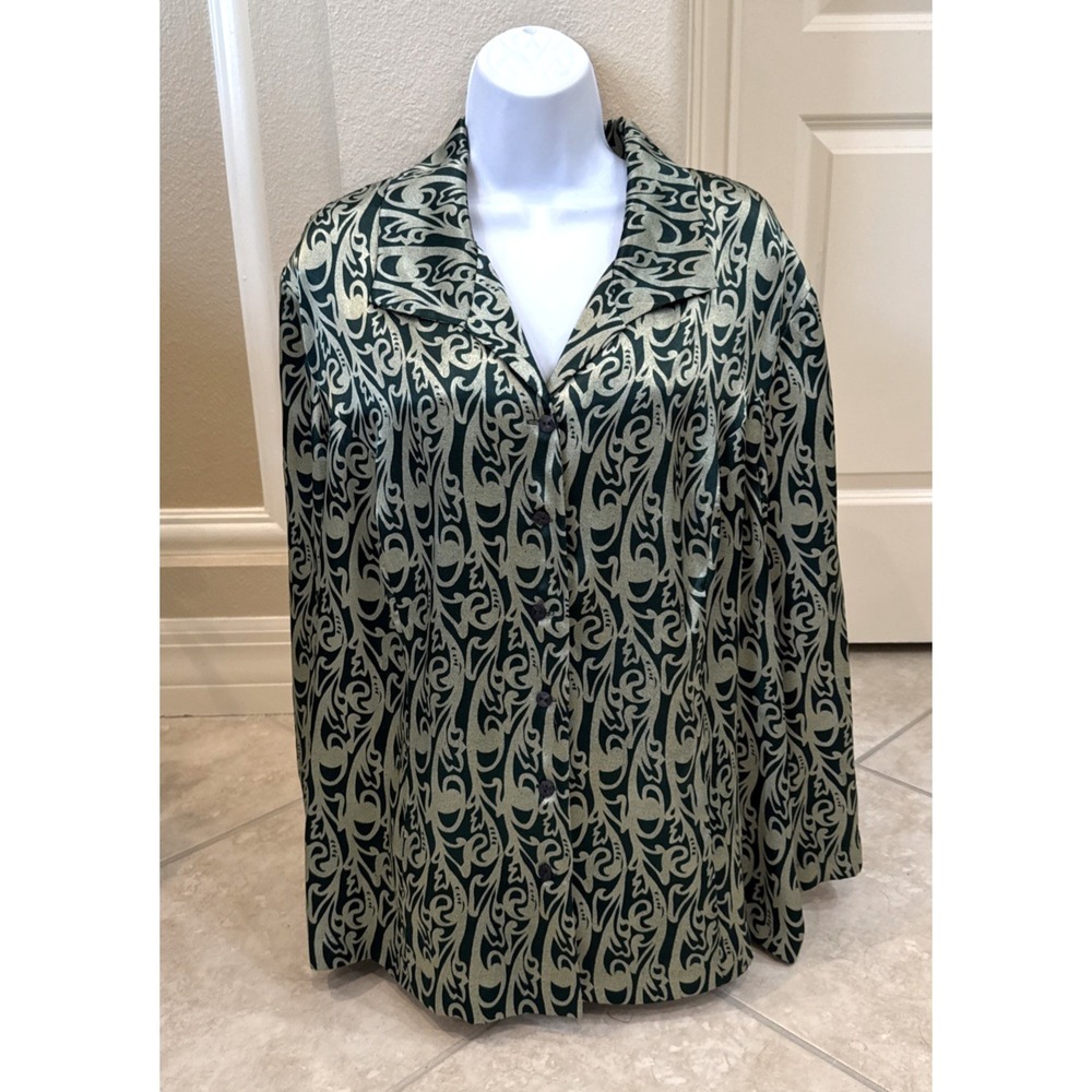 VTG Maggie McNaughton 22W Silky Green Paisly Retro Wide‎ Collar Carrer Classy
